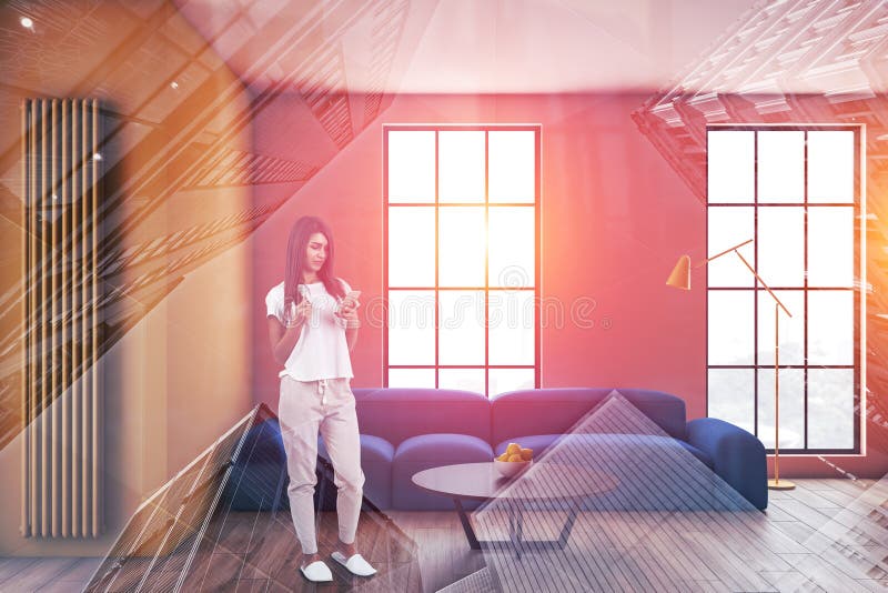 Woman with phone in yellow and pink living room stock image