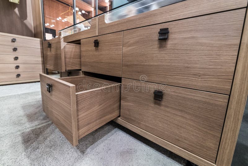 Wooden cabinet drawer box in bedroom luxury dressing room royalty free stock image