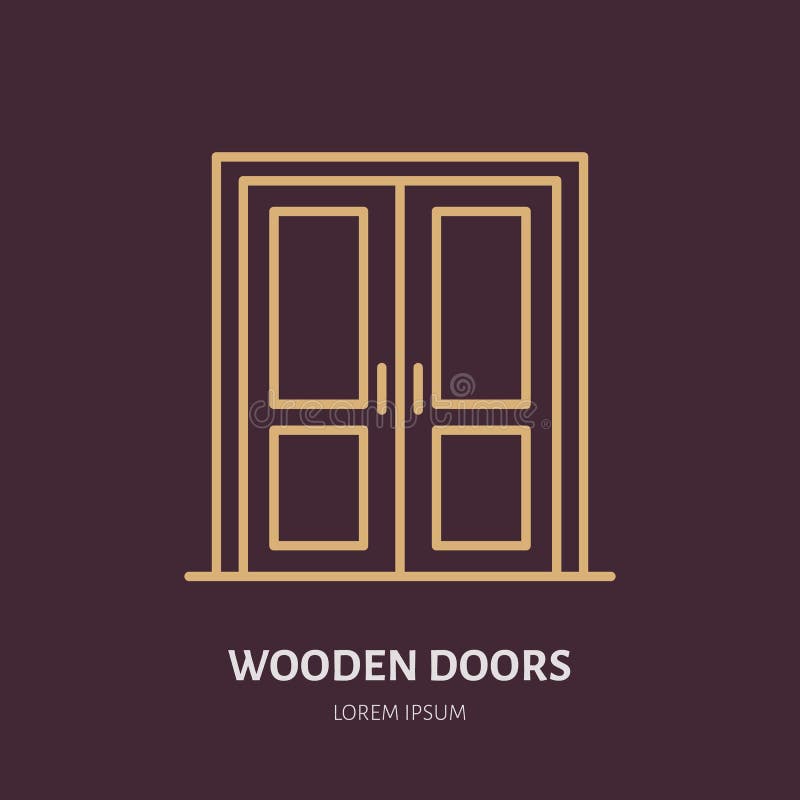 Wooden doors installation logo, repair flat line icon. vector illustration
