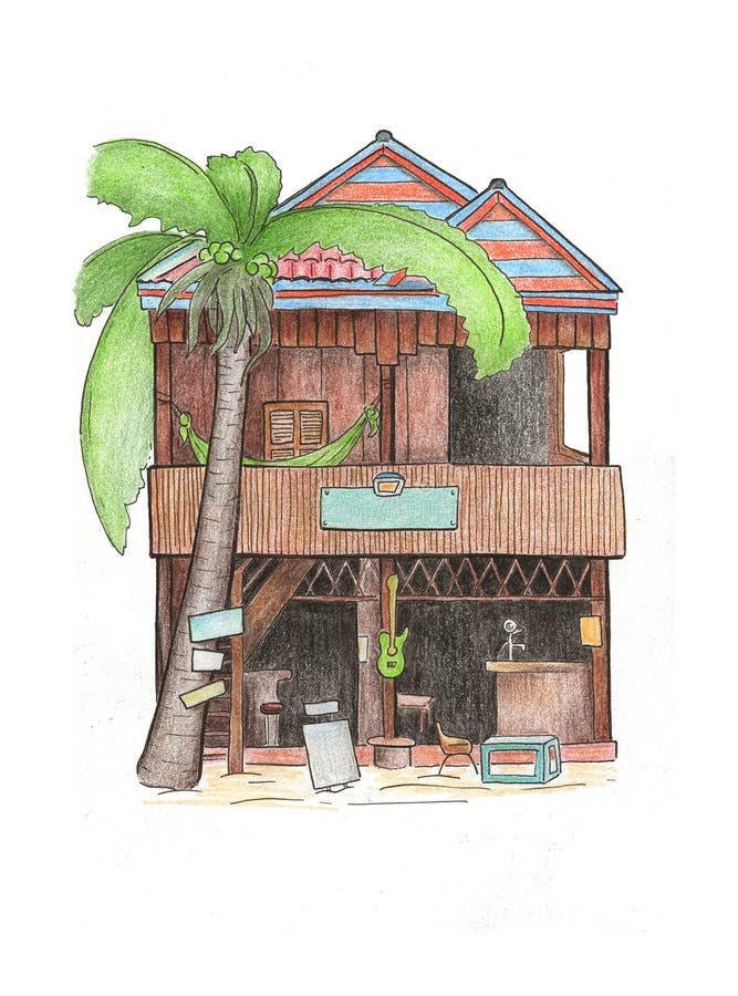 Wooden house and palm tree drawing. Cambodia travel sketch. Koh Rong tropical island colorful postcard. Wooden house and palm tree drawing. Tropical island hut stock illustration