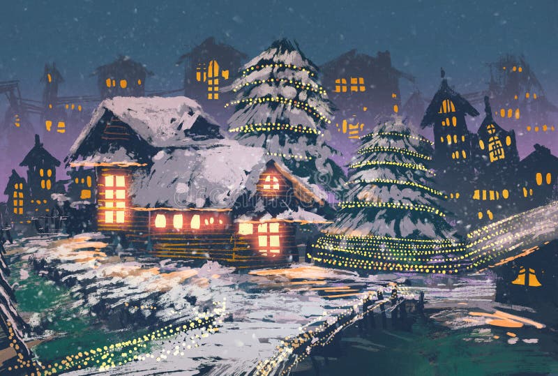 Wooden houses with a christmas lights. Christmas night scene of wooden houses with a christmas lights,illustration painting royalty free illustration
