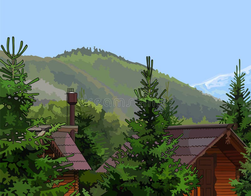Wooden houses in the firs mountains in the background. Image wooden houses in the firs mountains in the background stock illustration