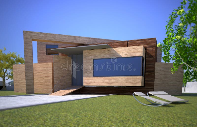 Wooden modern house. 3D rendering of a wooden modern house stock illustration