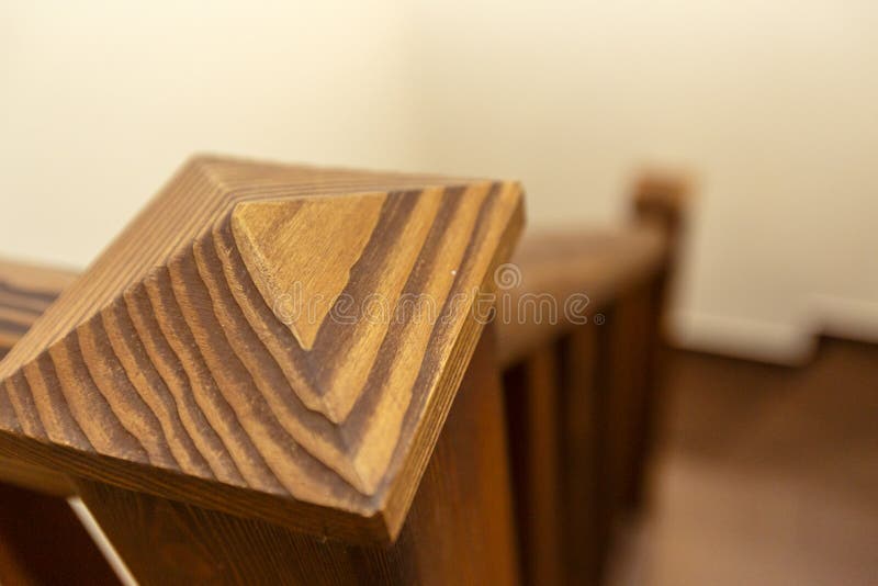 Wooden staircase in the cottage from the first to the second floor stock photo