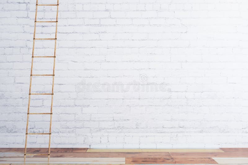 Wooden stairway on white brick wall and wooden floor stock illustration