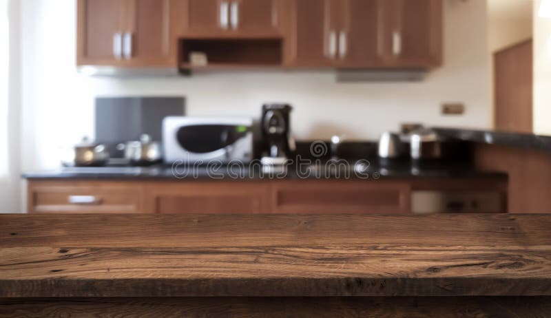 Wooden table in front of defocused modern kitchen counter top.  royalty free stock photography