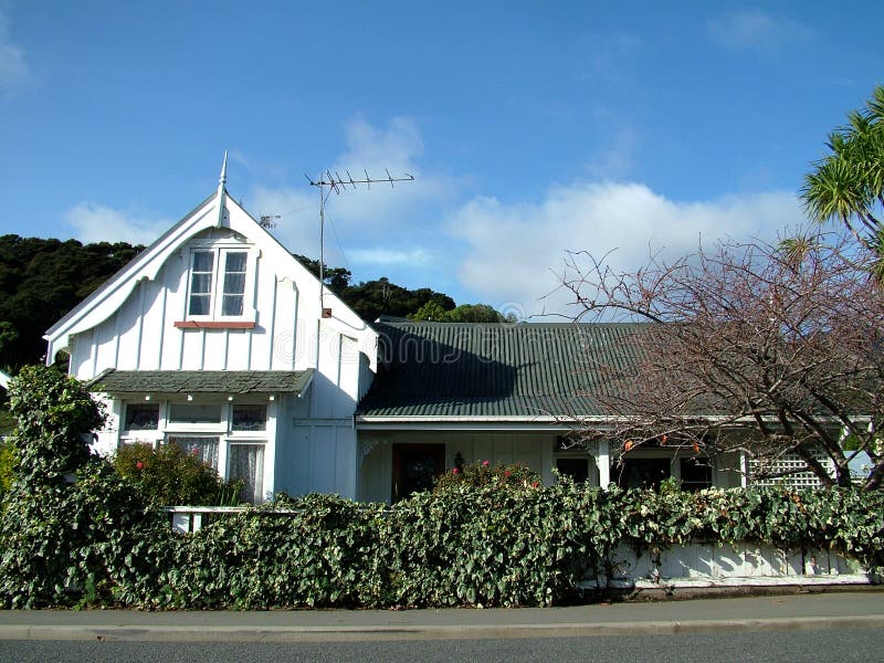 Wooden White House. In Akaroa, New Zealand stock photography