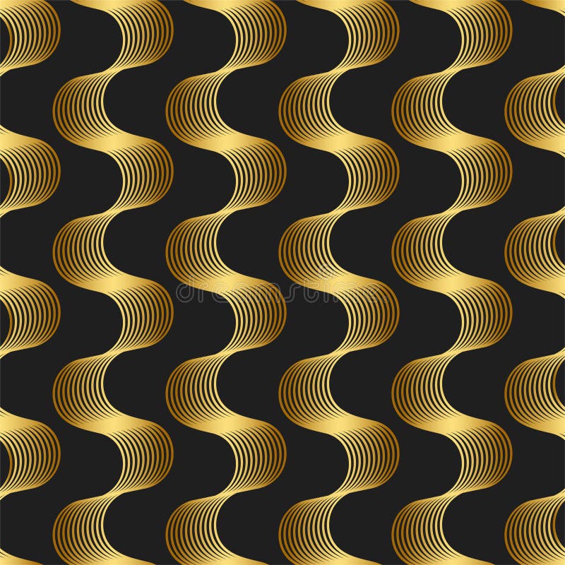 3d optical art waves pattern. Seamless black and gold abstract background/ Stylish trendy shadow wavy lines wallpaper. 3d optical art waves pattern/ Seamless royalty free illustration