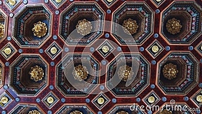 Beautiful carved wooden ceiling in the castle. Beautiful carved wooden ceiling in the Mir castle. old architecture and historical value stock footage