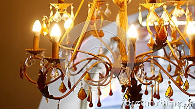 Beautiful old chandelier in a Parisian cafe. Chandelier on the ceiling.  stock footage