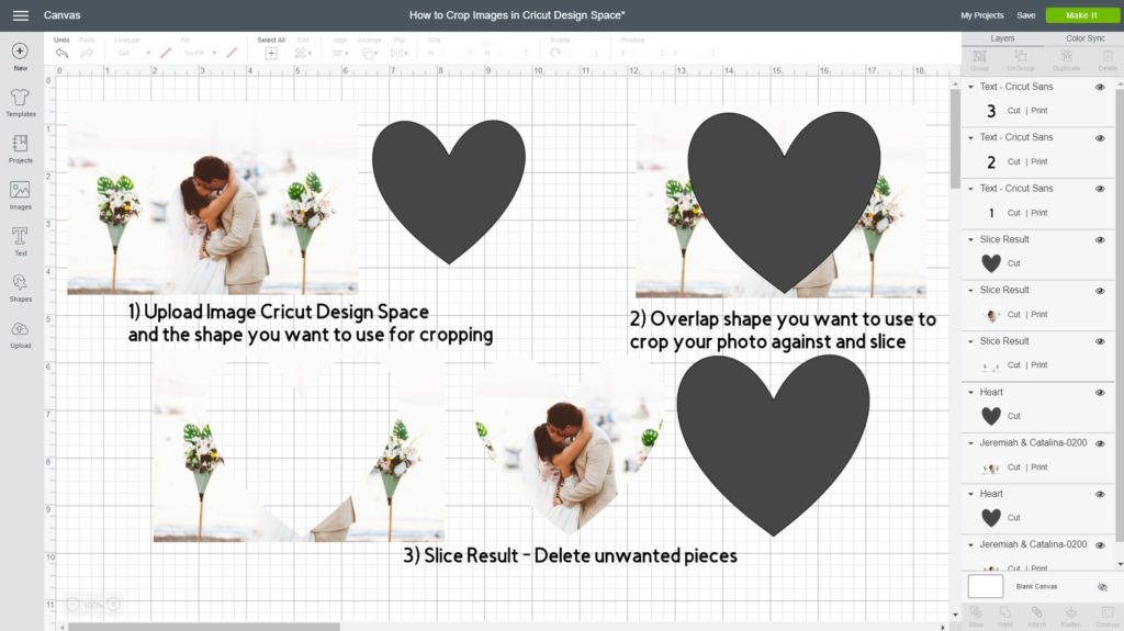 Screenshot of how to Crop Images inside Cricut Design Space with the Slice tool.