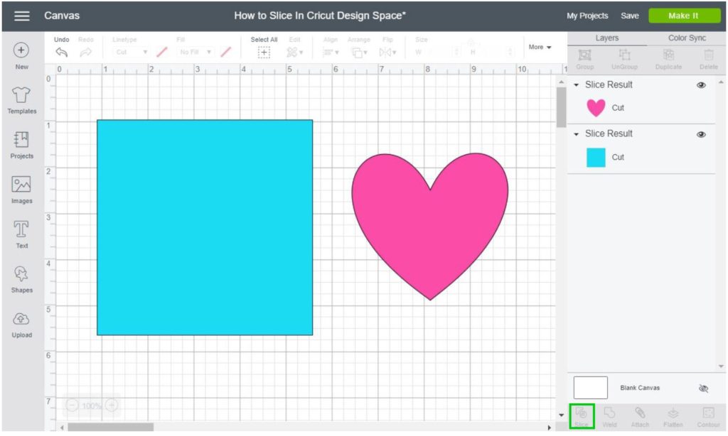 Screenshot of where Slice is located inside Cricut Design Space