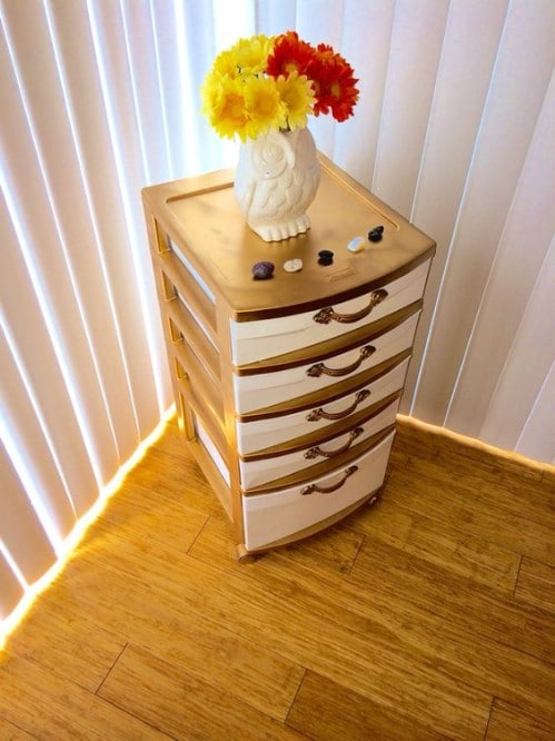Disguise your plastic bins as a real set of drawers.