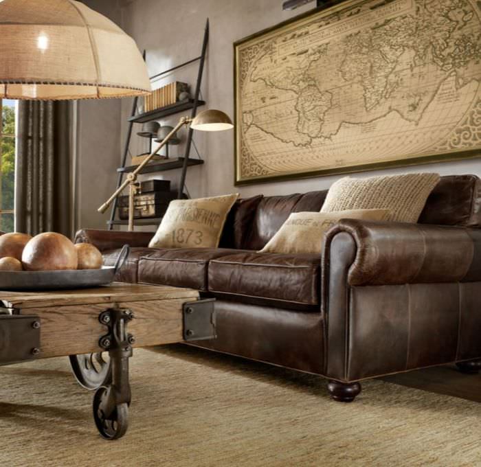 Интерьер гостиной в ретро-стиле с коричневым диваном