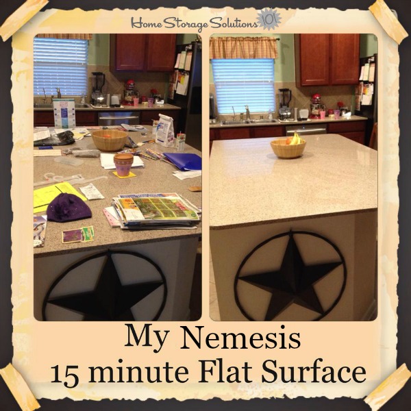 Before and after when Regina decluttered her nemesis flat surface, her kitchen counters, for 15 minutes {featured on Home Storage Solutions 101}