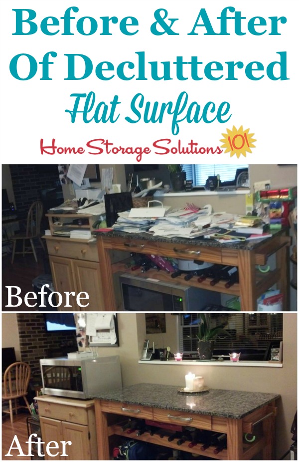 Before and after photos from Sandra, who decluttered her problem flat surface, a kitchen island {featured on Home Storage Solutions 101}