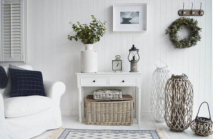 New England white hallway console table with 2 drawers for White Furniture from The White Lighthouse. A sofa table with 2 drawers for white living room furniture