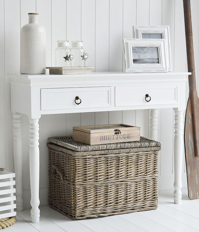 The New England White Hall table. White console table for hallways and living room furniture