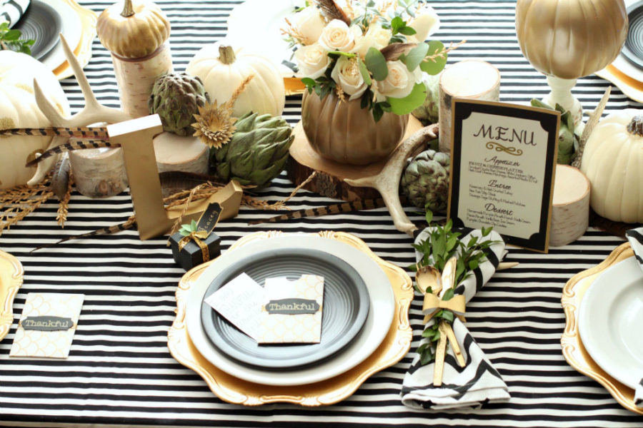 Fall table decor with stripes