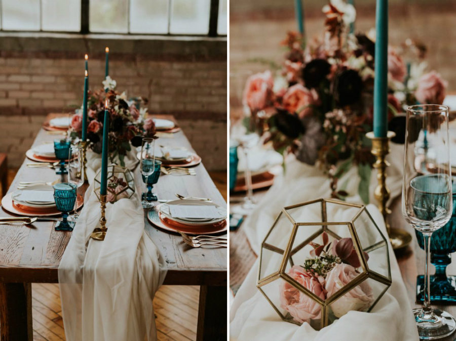 Turquoise accents in fall wedding tablescape